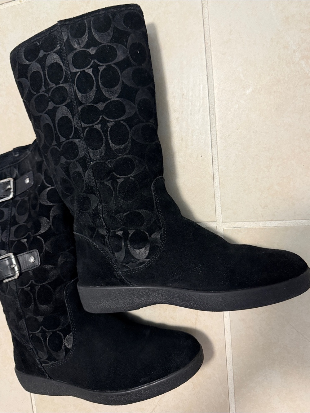 Coach Black Suede Mid-Calf Signature Wedge Boots